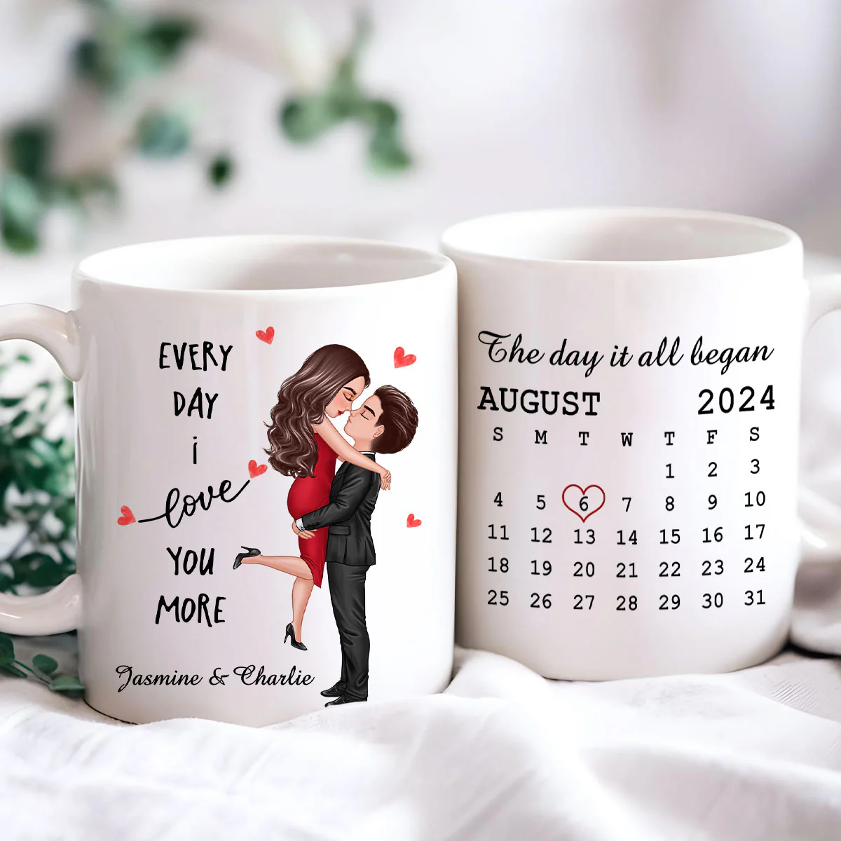 Everyday I Love You More Couple Hugging Kissing Calendar Keepsake Gift Personalized Mug - Image 3