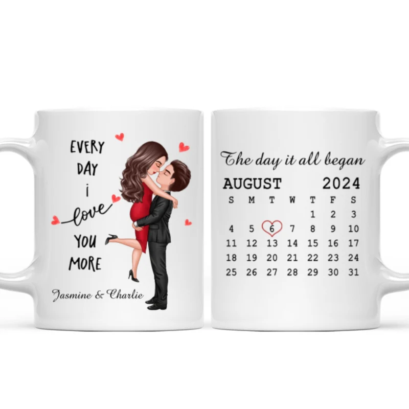 Everyday I Love You More Couple Hugging Kissing Calendar Keepsake Gift Personalized Mug - Image 6