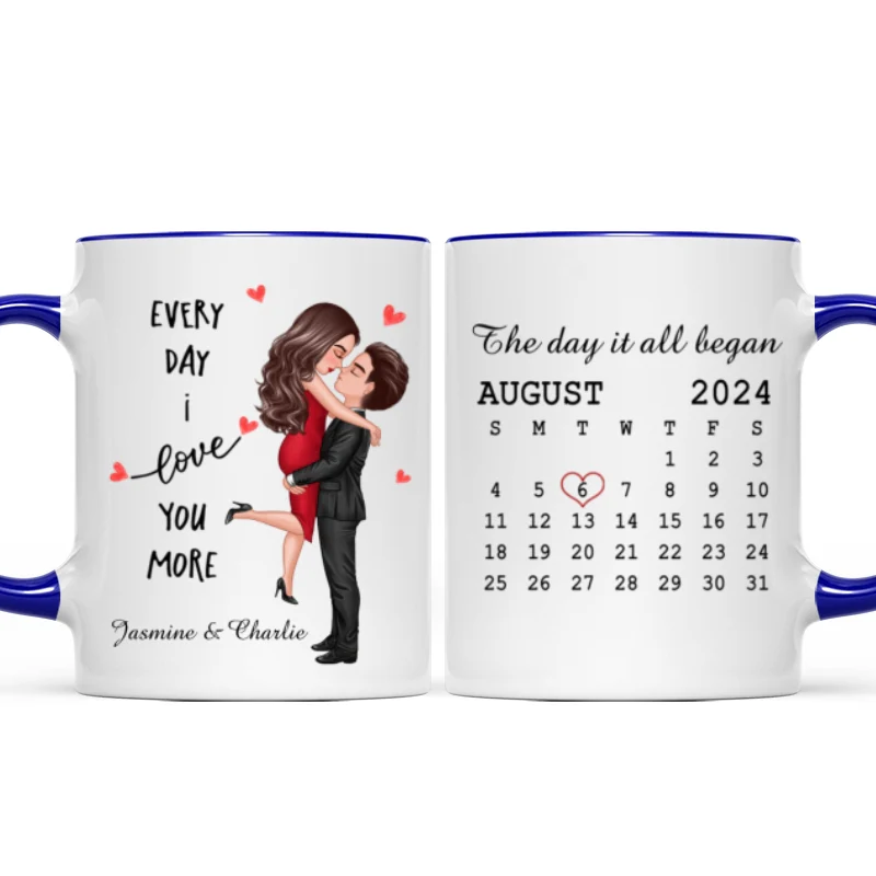 Everyday I Love You More Couple Hugging Kissing Calendar Keepsake Gift Personalized Mug - Image 8