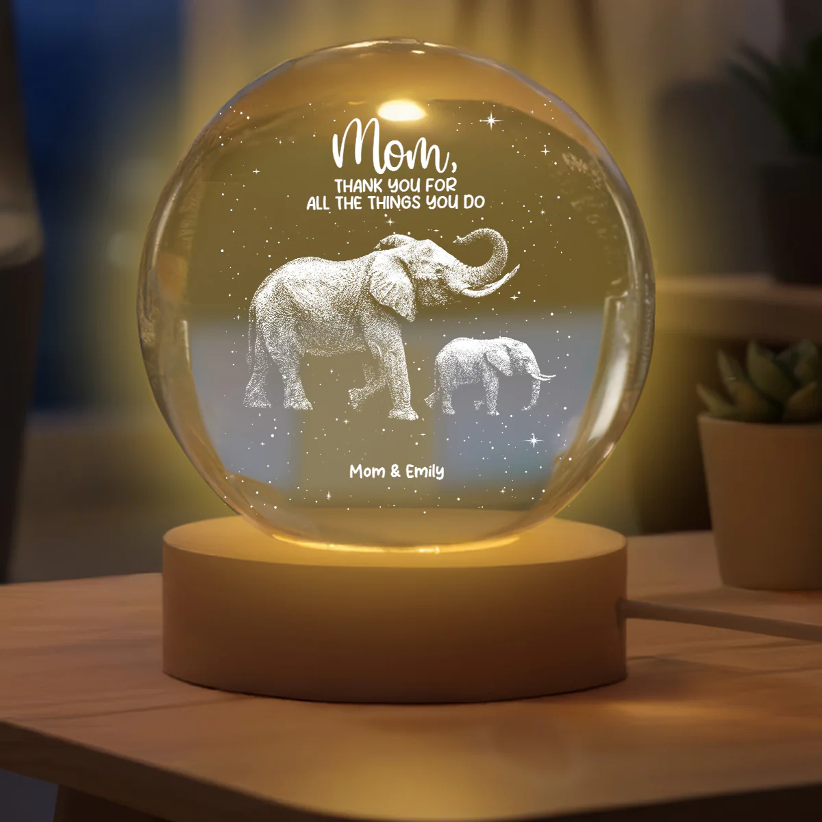 Everything I Am You Helped Me To Be Elephant - Personalized Crystal Ball LED Night Light - Birthday, Mother's Day Gift For Mom - Image 4