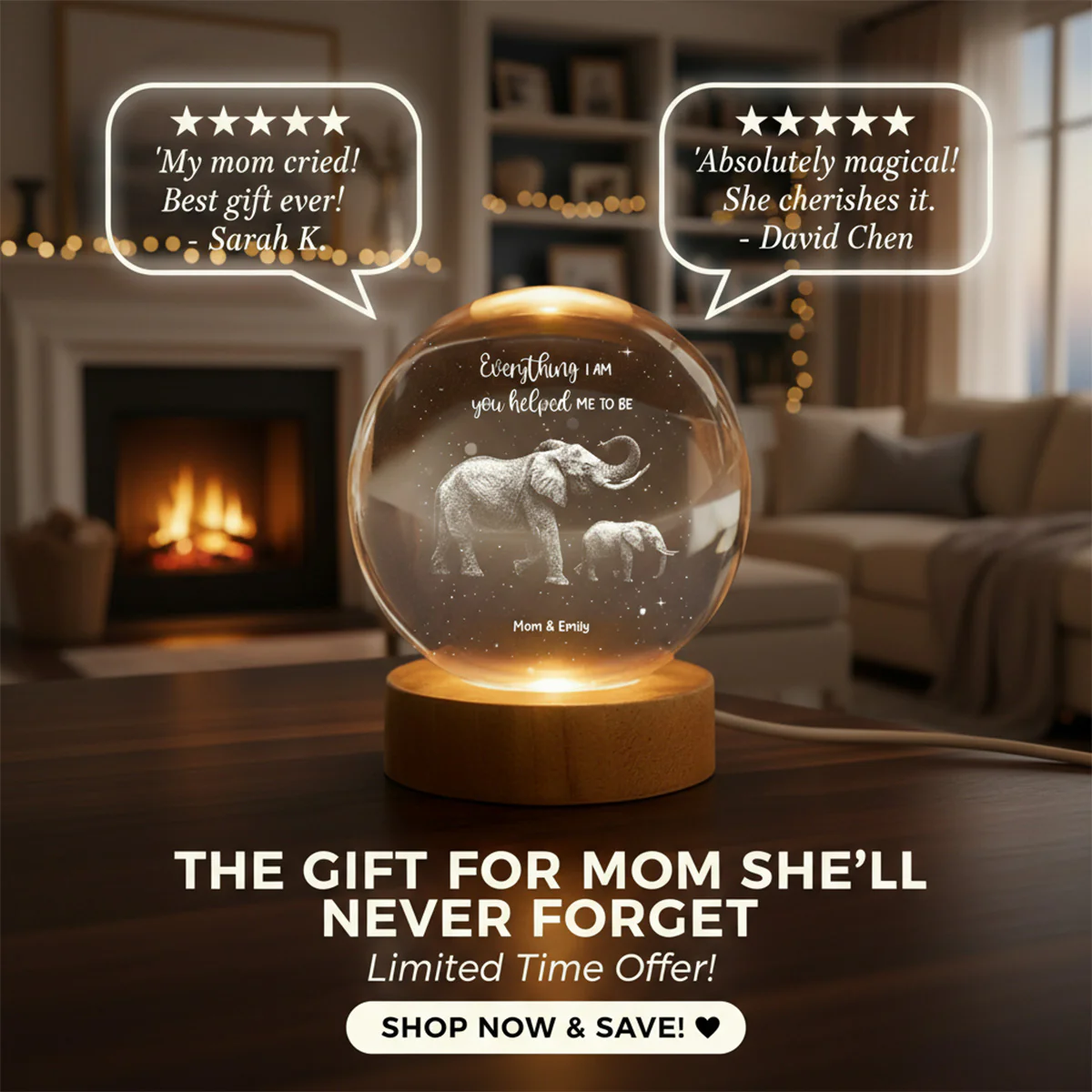 Everything I Am You Helped Me To Be Elephant - Personalized Crystal Ball LED Night Light - Birthday, Mother's Day Gift For Mom - Image 5