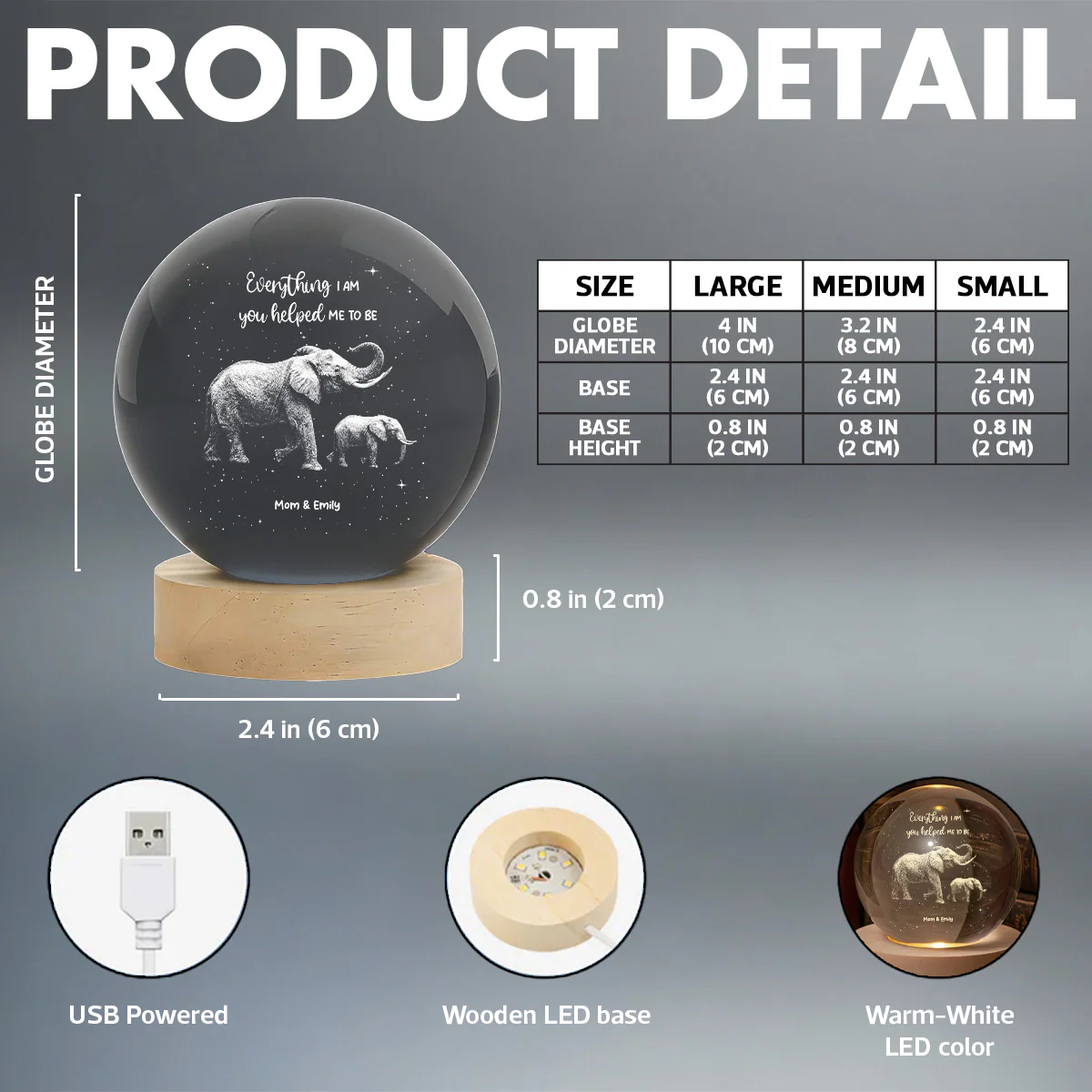 Everything I Am You Helped Me To Be Elephant - Personalized Crystal Ball LED Night Light - Birthday, Mother's Day Gift For Mom - Image 7
