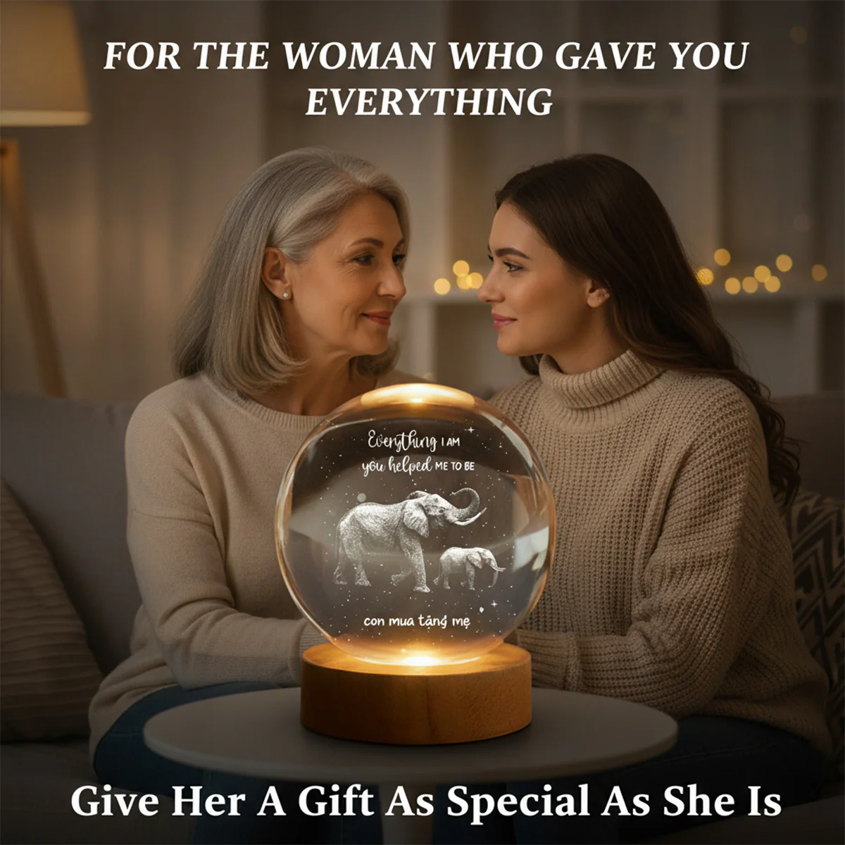 Everything I Am You Helped Me To Be Elephant - Personalized Crystal Ball LED Night Light - Birthday, Mother's Day Gift For Mom - Image 9