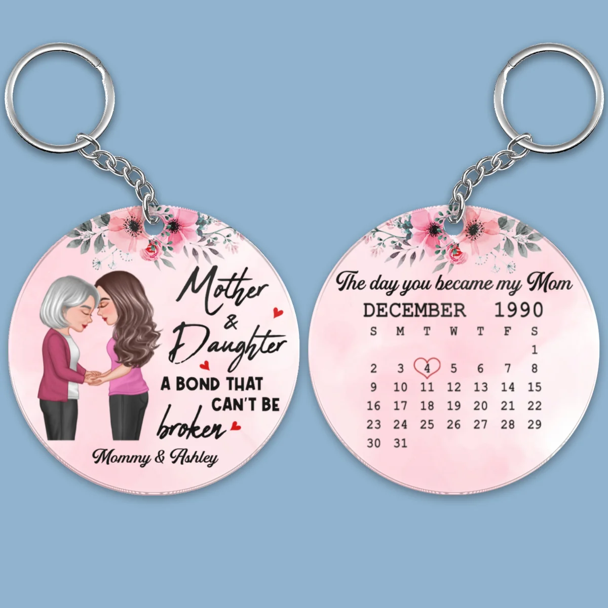 Everything I Am You Helped Me To Be Floral Mom Daughter Holding Hand Calendar Personalized Acrylic Keychain - Image 4