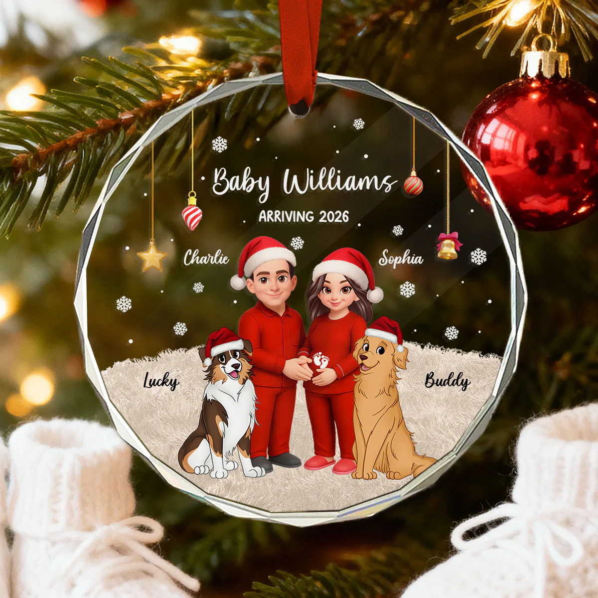 Expecting Parents Christmas Pregnancy Baby Arriving With Dogs Cats - Personalized Glass Ornament - Image 4