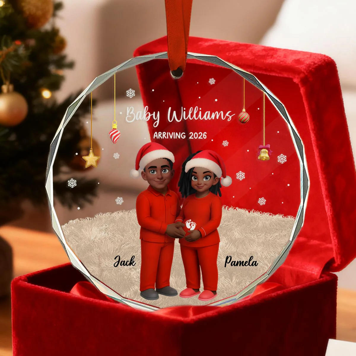 Expecting Parents Christmas Pregnancy Baby Arriving With Dogs Cats - Personalized Glass Ornament - Image 2