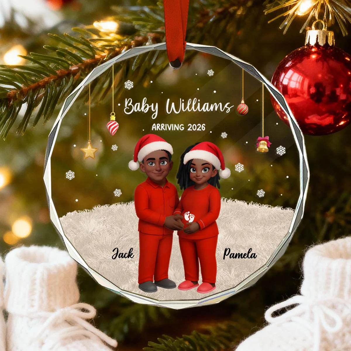 Expecting Parents Christmas Pregnancy Baby Arriving With Dogs Cats - Personalized Glass Ornament - Image 3
