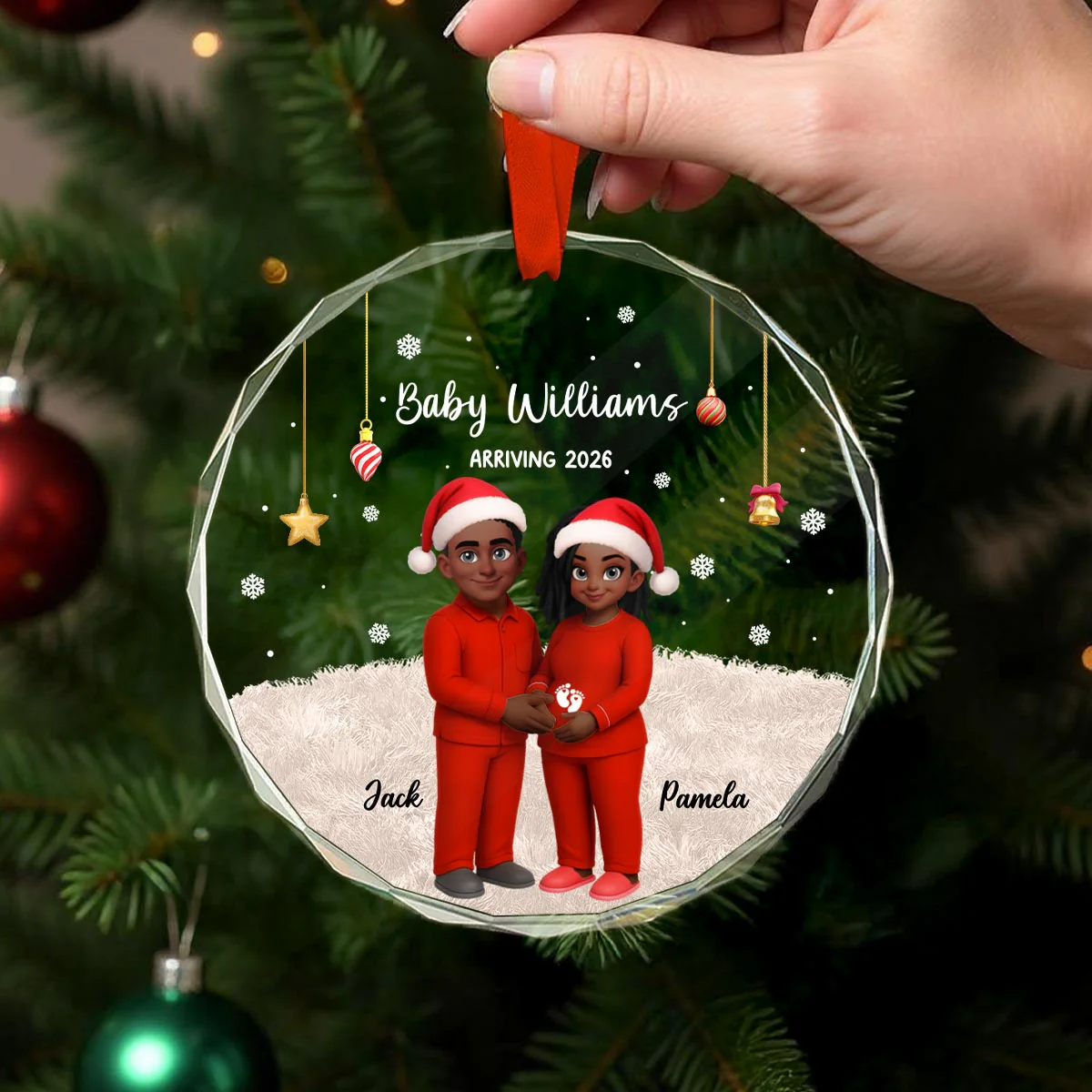 Expecting Parents Christmas Pregnancy Baby Arriving With Dogs Cats - Personalized Glass Ornament - Image 4