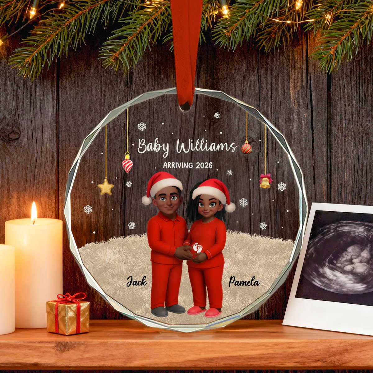 Expecting Parents Christmas Pregnancy Baby Arriving With Dogs Cats - Personalized Glass Ornament - Image 6