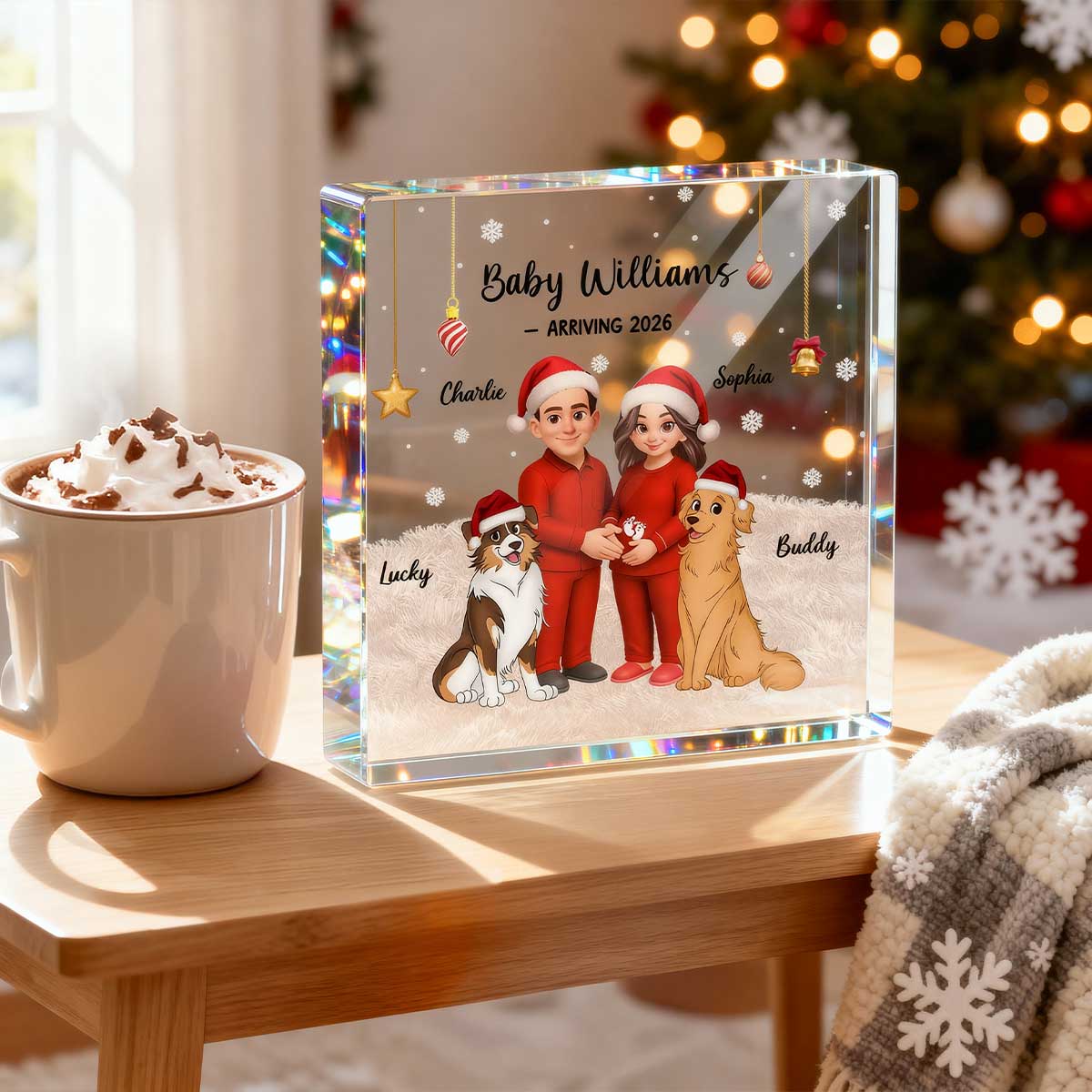 Expecting Parents Christmas Pregnancy Baby Arriving With Dogs Cats - Personalized Square Acrylic Block Plaque - Image 4