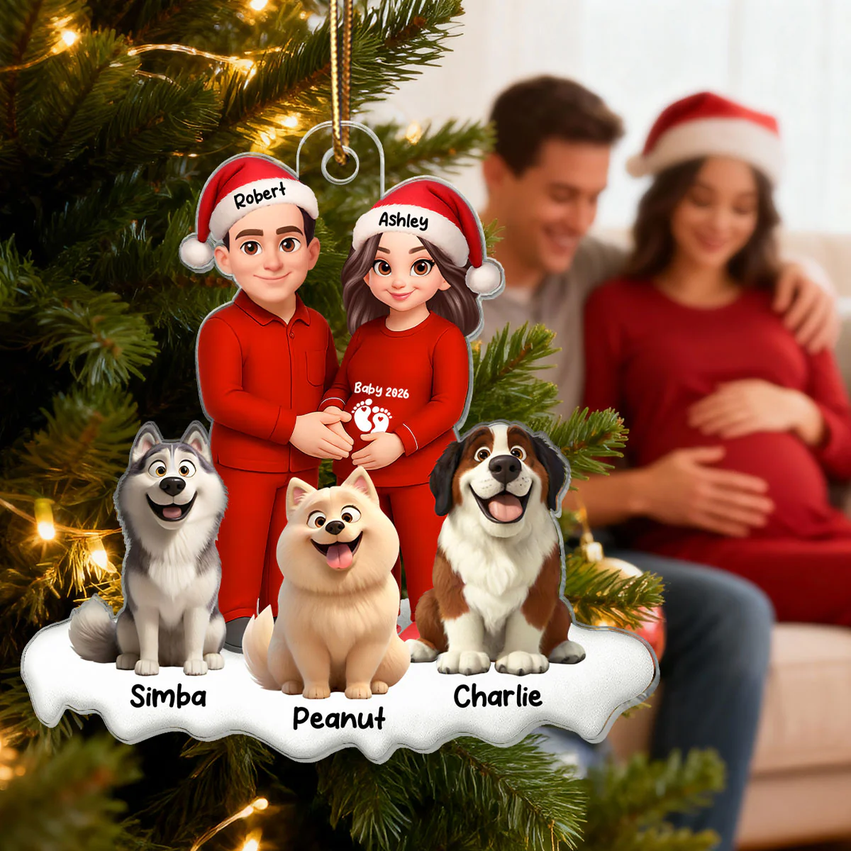 Expecting Parents Christmas Pregnancy Baby Arriving With Dogs - Personalized Acrylic Ornament - Image 3
