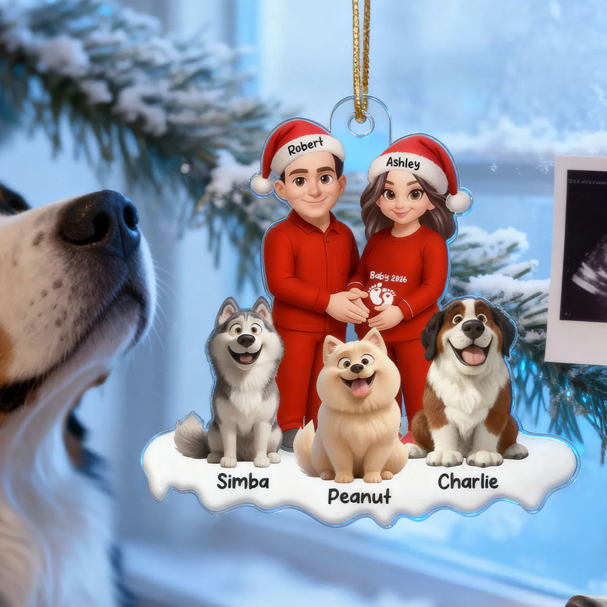 Expecting Parents Christmas Pregnancy Baby Arriving With Dogs - Personalized Acrylic Ornament - Image 4