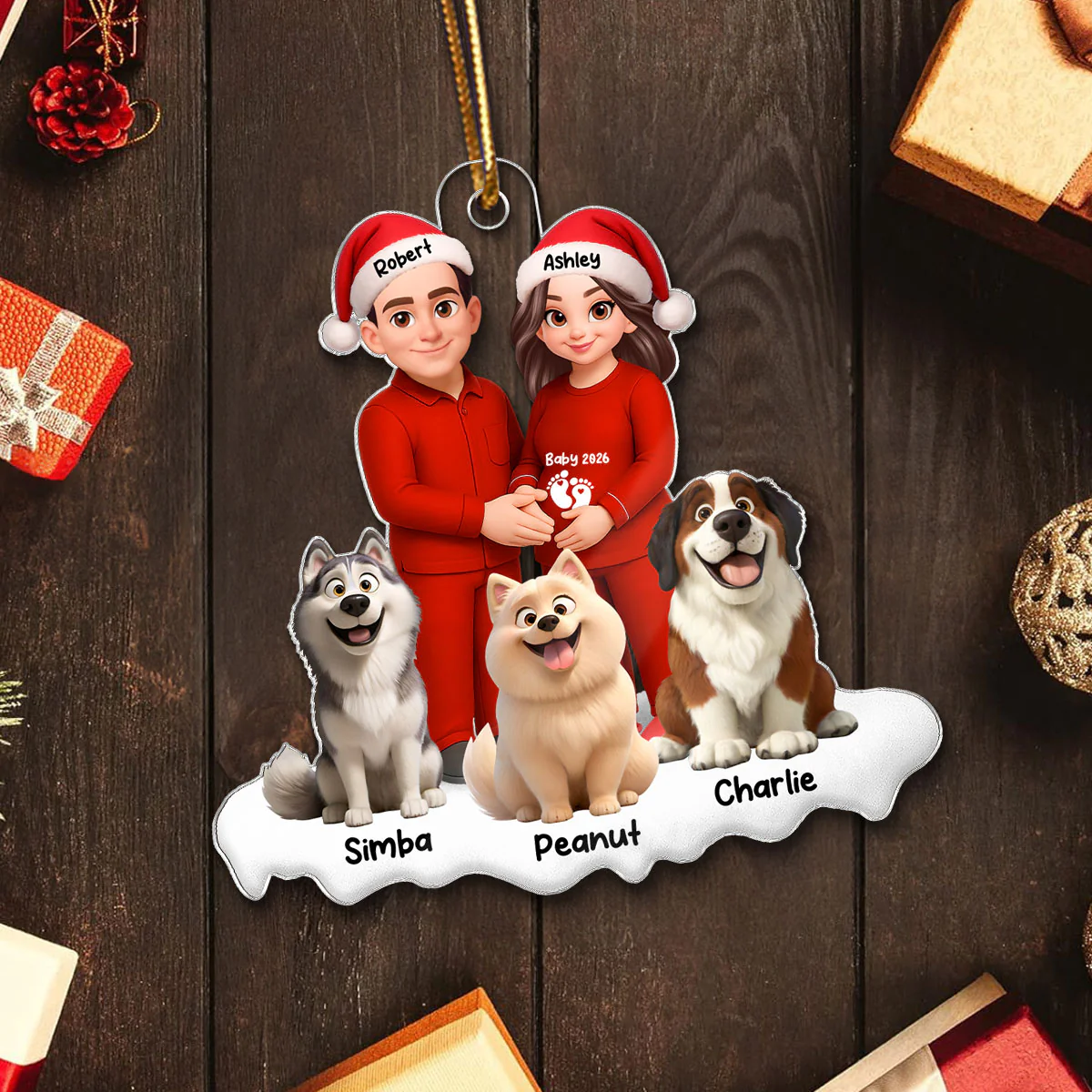 Expecting Parents Christmas Pregnancy Baby Arriving With Dogs - Personalized Acrylic Ornament - Image 5