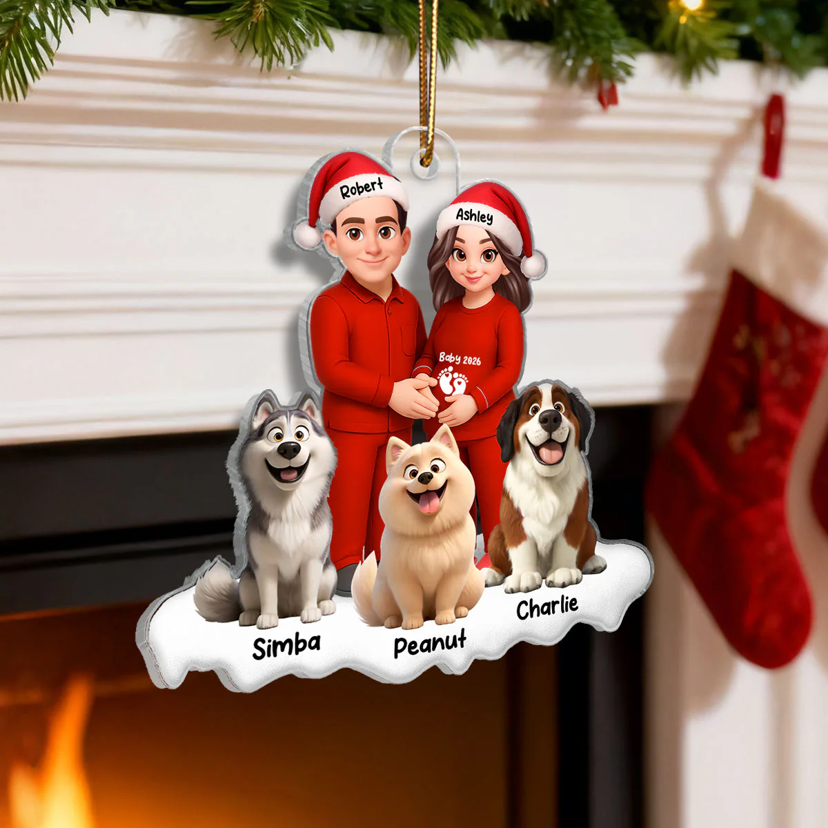 Expecting Parents Christmas Pregnancy Baby Arriving With Dogs - Personalized Acrylic Ornament - Image 6