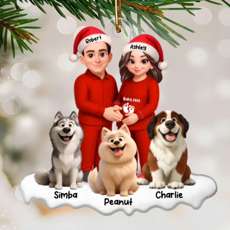Expecting Parents Christmas Pregnancy Baby Arriving With Dogs - Personalized Acrylic Ornament - Image 8