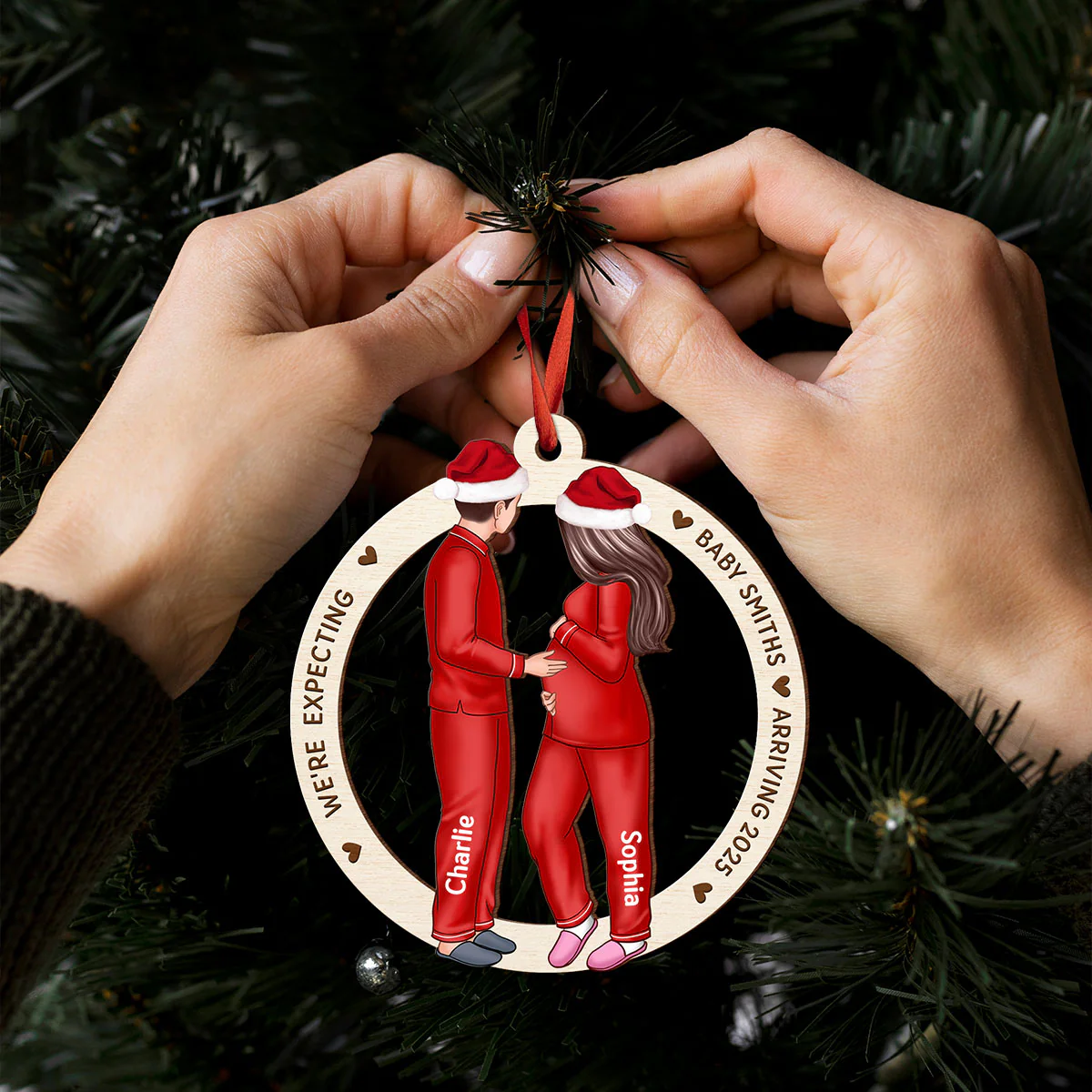Expecting Parents Christmas Pregnancy Personalized Wooden Ornament, Baby Arriving Ornament - Image 6