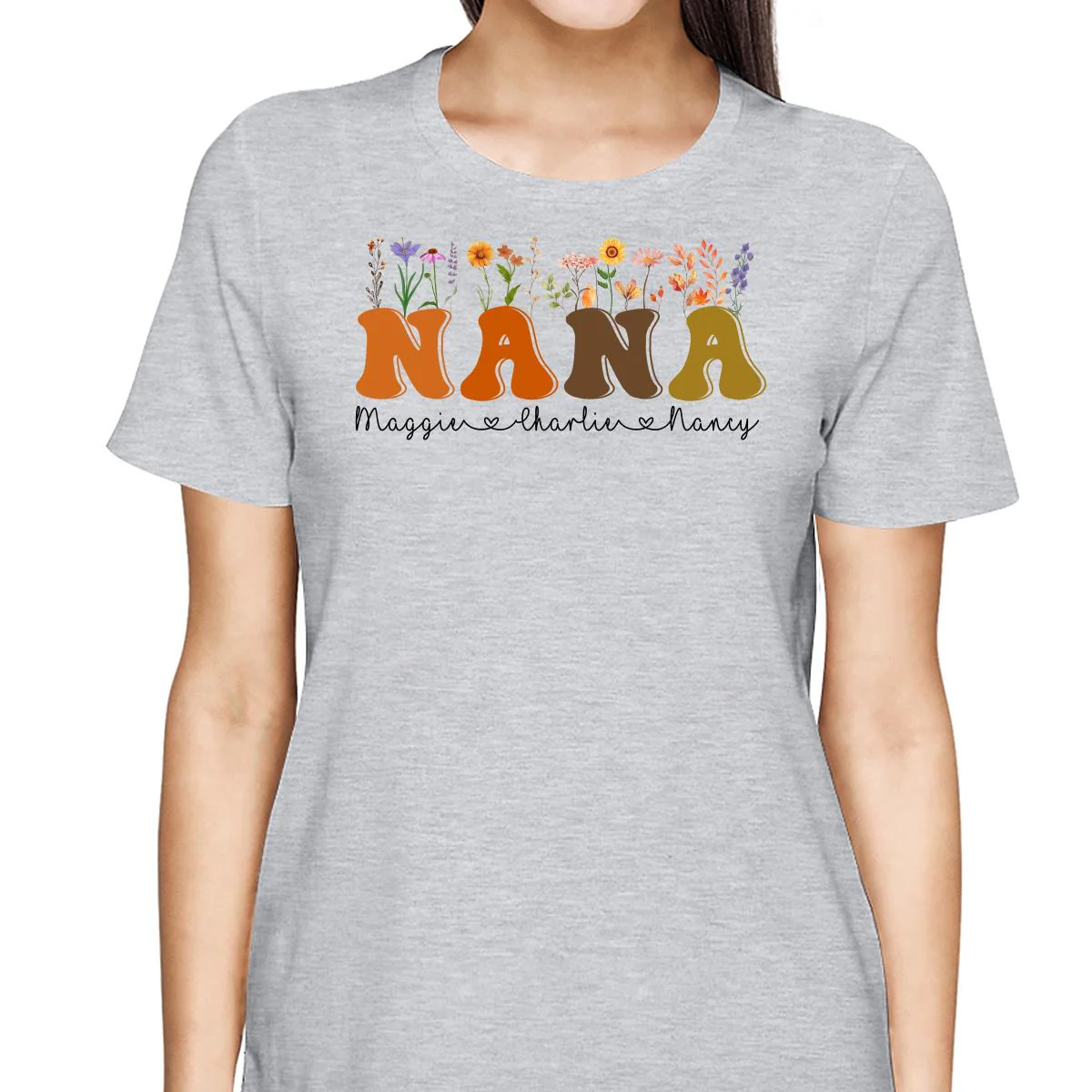 Fall Autumn Flowers Leaves On Text Grandma Mom Personalized Shirt - Image 2