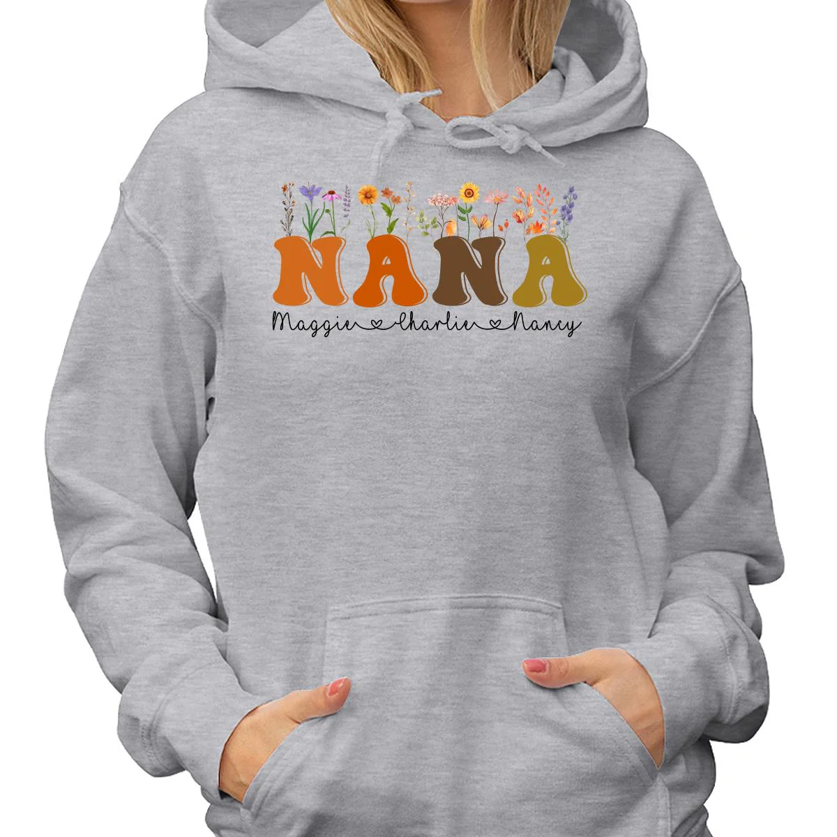 Fall Autumn Flowers Leaves On Text Grandma Mom Personalized Shirt - Image 4