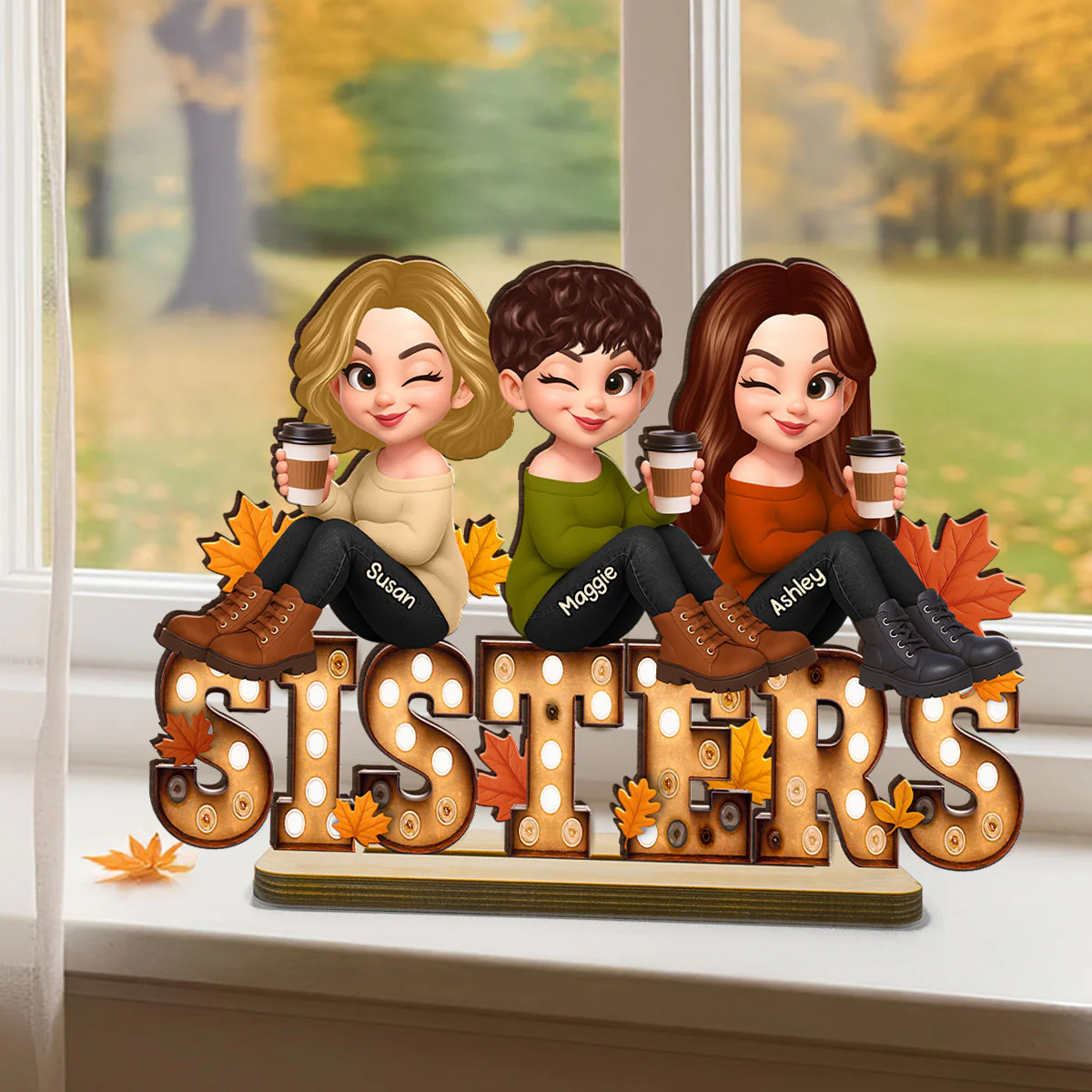 Fall Besties Sitting On Text Marquee Effect Personalized Standing Wooden Plaque, Meaningful Gift For Best Friends - Image 3