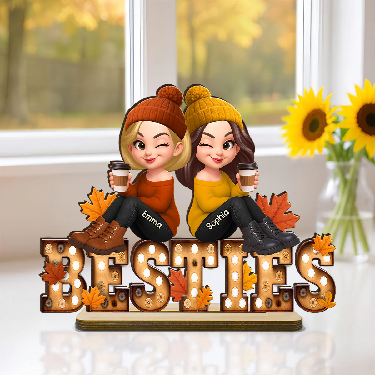 Fall Besties Sitting On Text Marquee Effect Personalized Standing Wooden Plaque, Meaningful Gift For Best Friends - Image 4