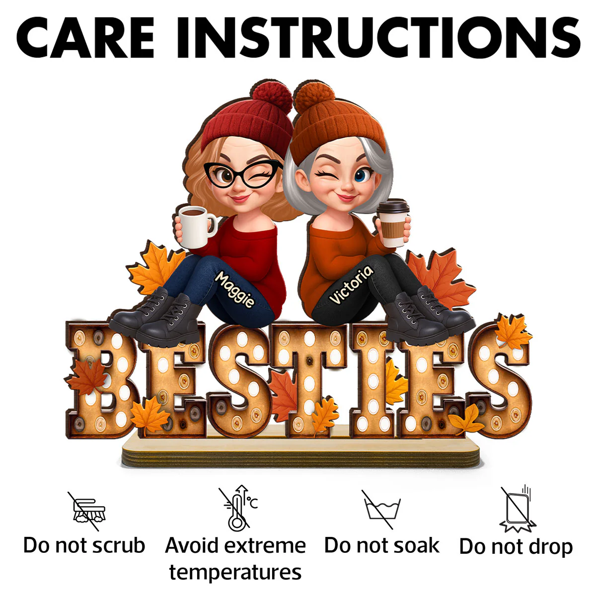 Fall Besties Sitting On Text Marquee Effect Personalized Standing Wooden Plaque, Meaningful Gift For Best Friends - Image 10