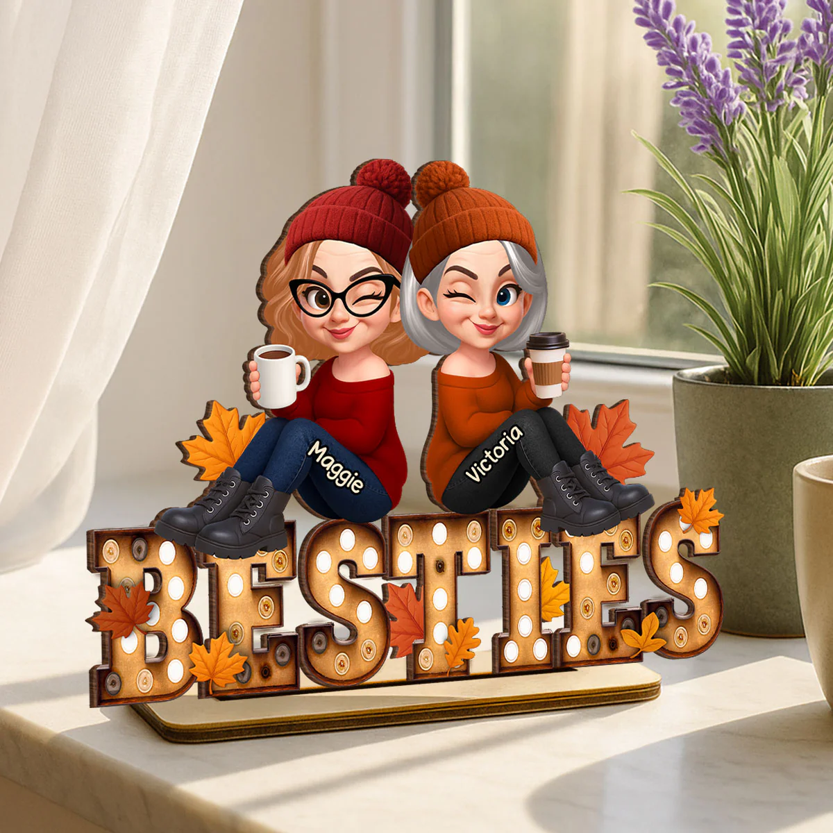Fall Besties Sitting On Text Marquee Effect Personalized Standing Wooden Plaque, Meaningful Gift For Best Friends - Image 2