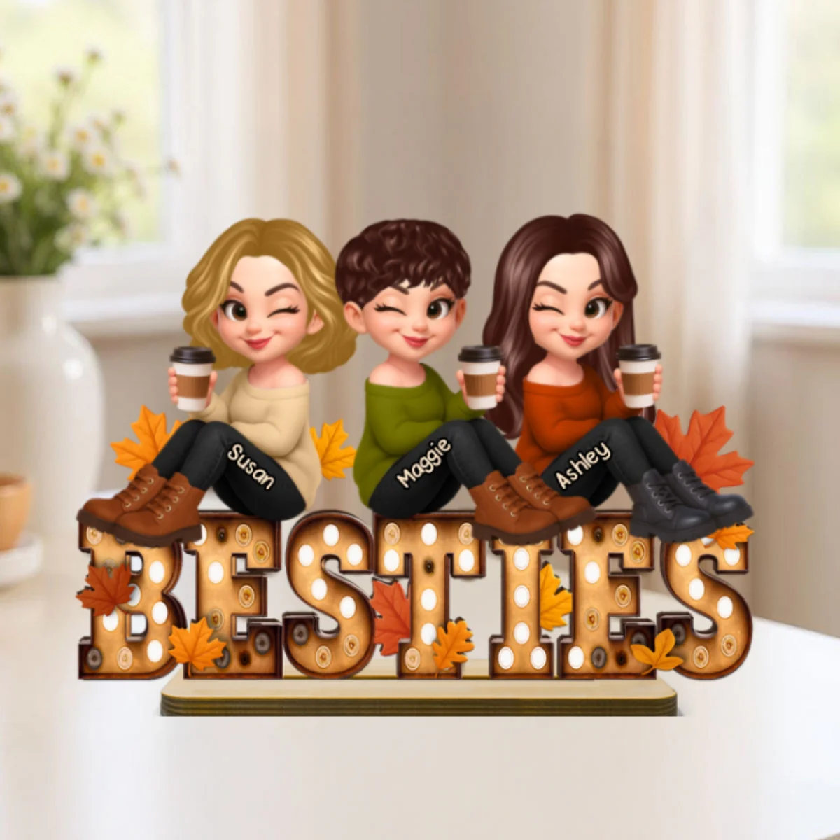 Fall Besties Sitting On Text Marquee Effect - Personalized 2-Layered Wooden Plaque - Meaningful Gift For Best Friend - Image 11