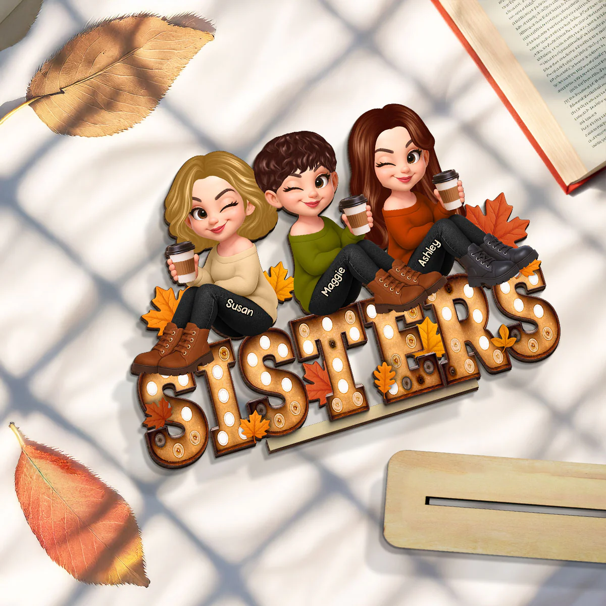 Fall Besties Sitting On Text Marquee Effect - Personalized 2-Layered Wooden Plaque - Meaningful Gift For Best Friend - Image 5