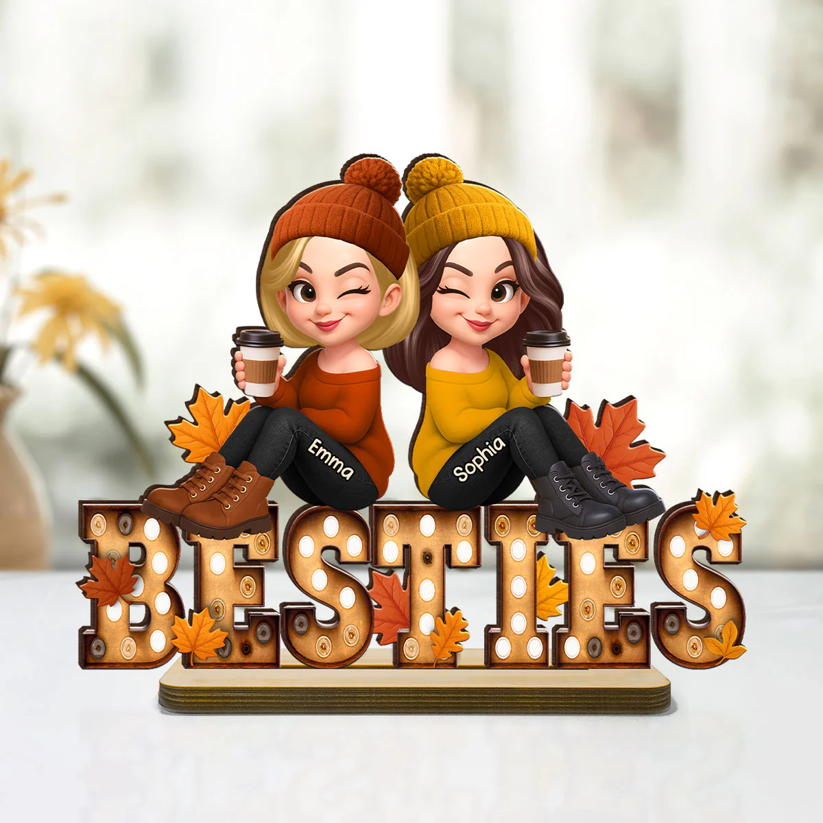 Fall Besties Sitting On Text Marquee Effect - Personalized 2-Layered Wooden Plaque - Meaningful Gift For Best Friend - Image 6