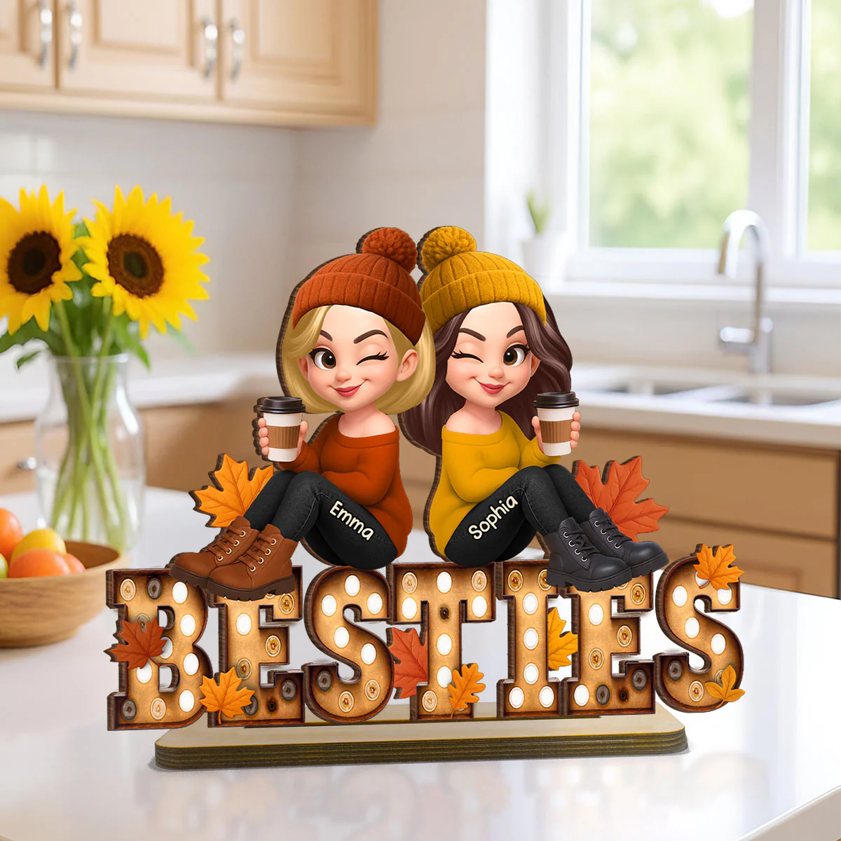Fall Besties Sitting On Text Marquee Effect - Personalized 2-Layered Wooden Plaque - Meaningful Gift For Best Friend - Image 8