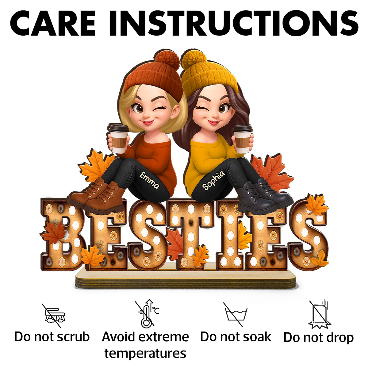 Fall Besties Sitting On Text Marquee Effect - Personalized 2-Layered Wooden Plaque - Meaningful Gift For Best Friend - Image 10