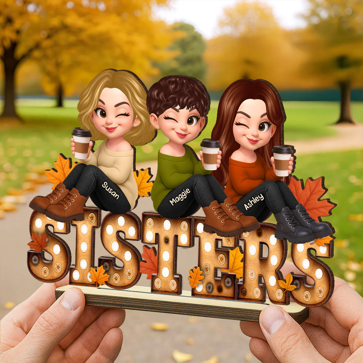 Fall Besties Sitting On Text Marquee Effect - Personalized 2-Layered Wooden Plaque - Meaningful Gift For Best Friend - Image 7