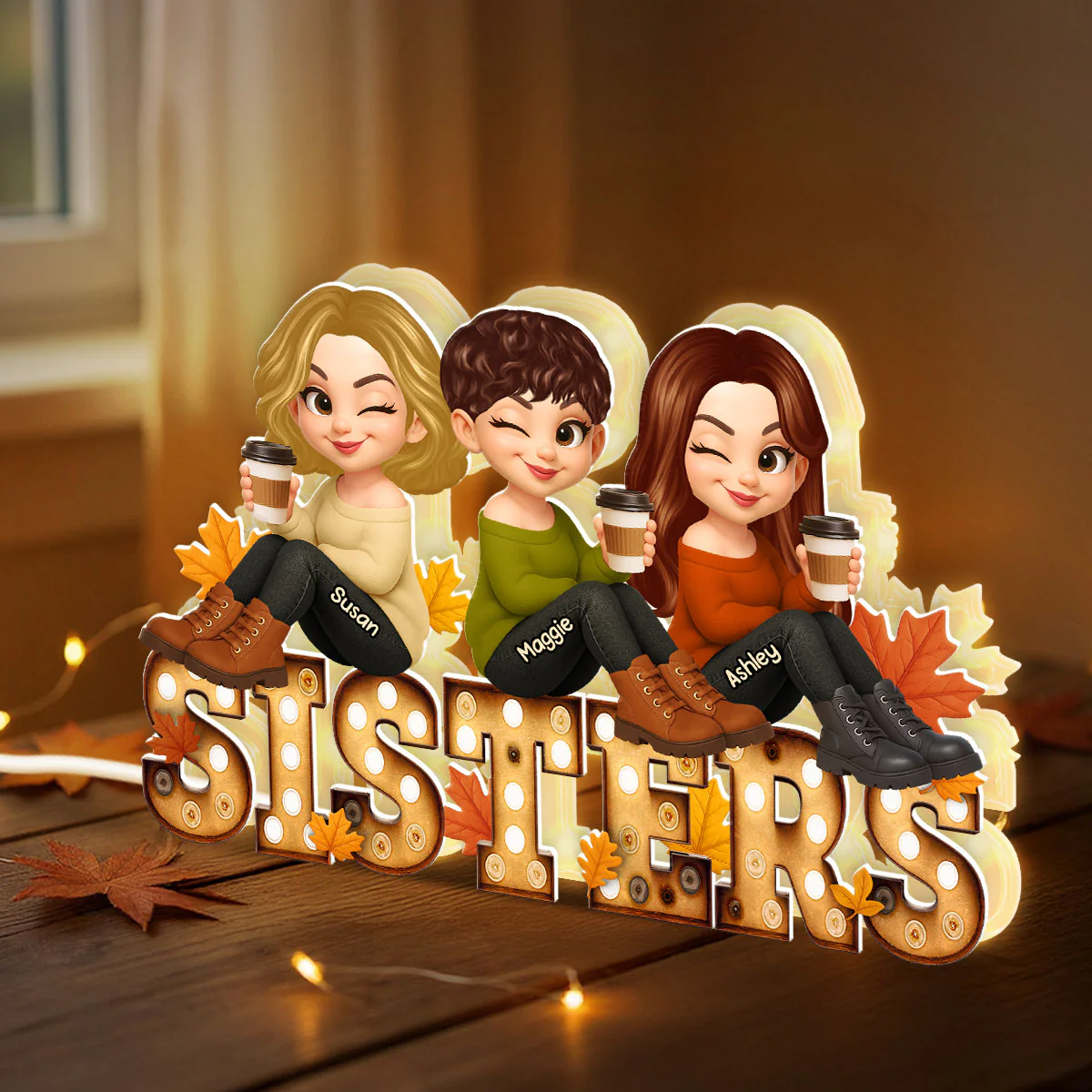 Fall Besties Sitting On Text Marquee Effect Personalized Light Box, Meaningful Gift For Best Friends - Image 2