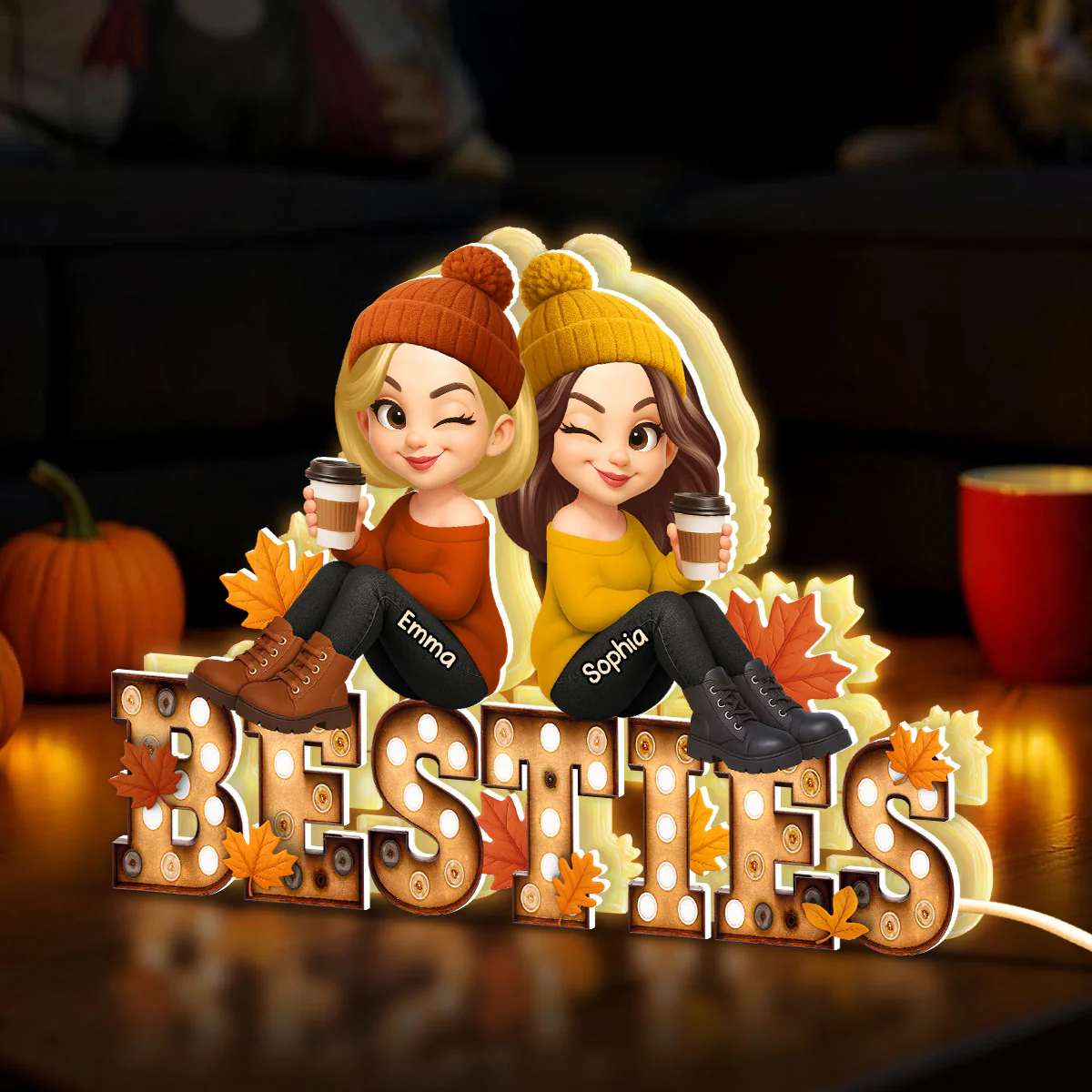 Fall Besties Sitting On Text Marquee Effect Personalized Light Box, Meaningful Gift For Best Friends - Image 3