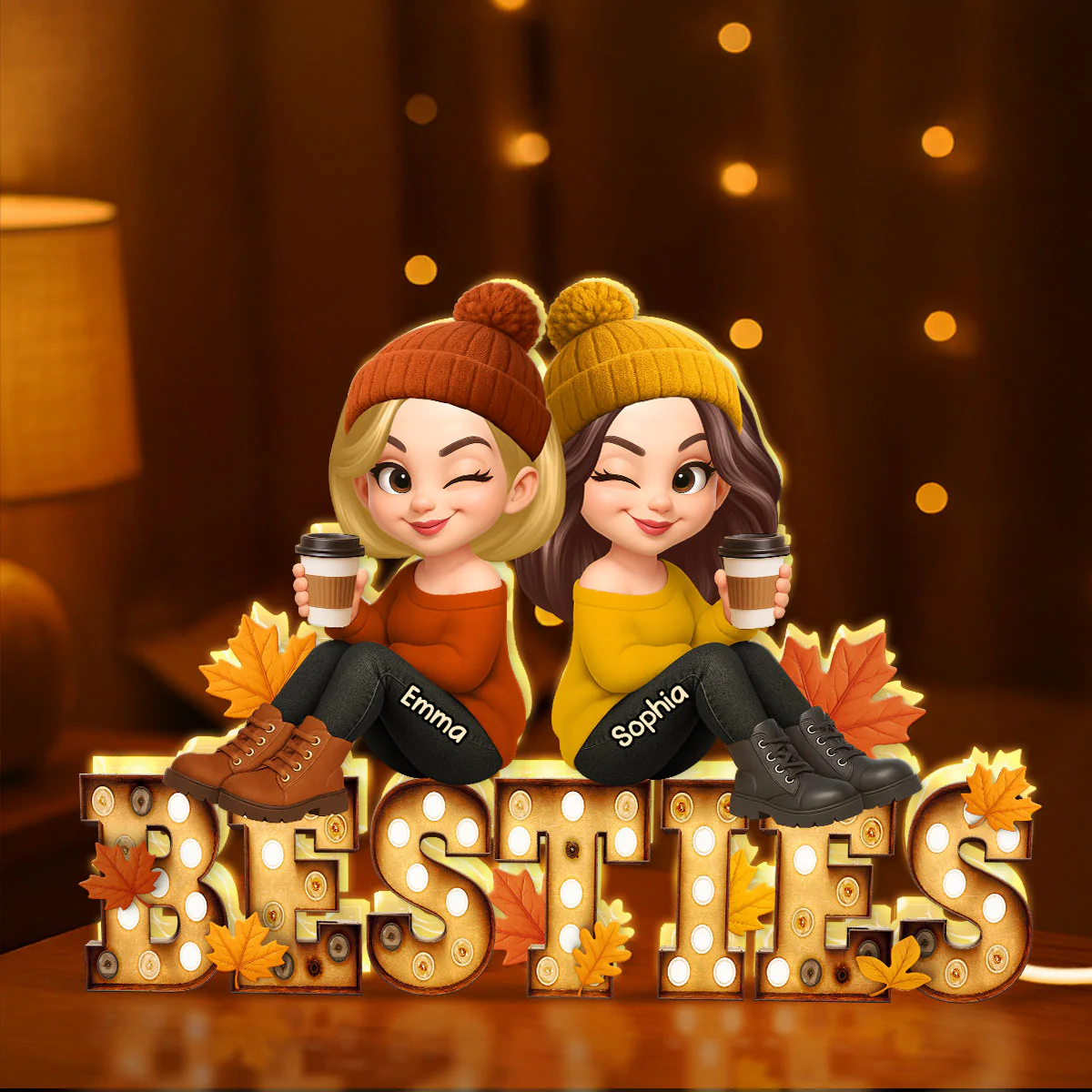 Fall Besties Sitting On Text Marquee Effect Personalized Light Box, Meaningful Gift For Best Friends - Image 5