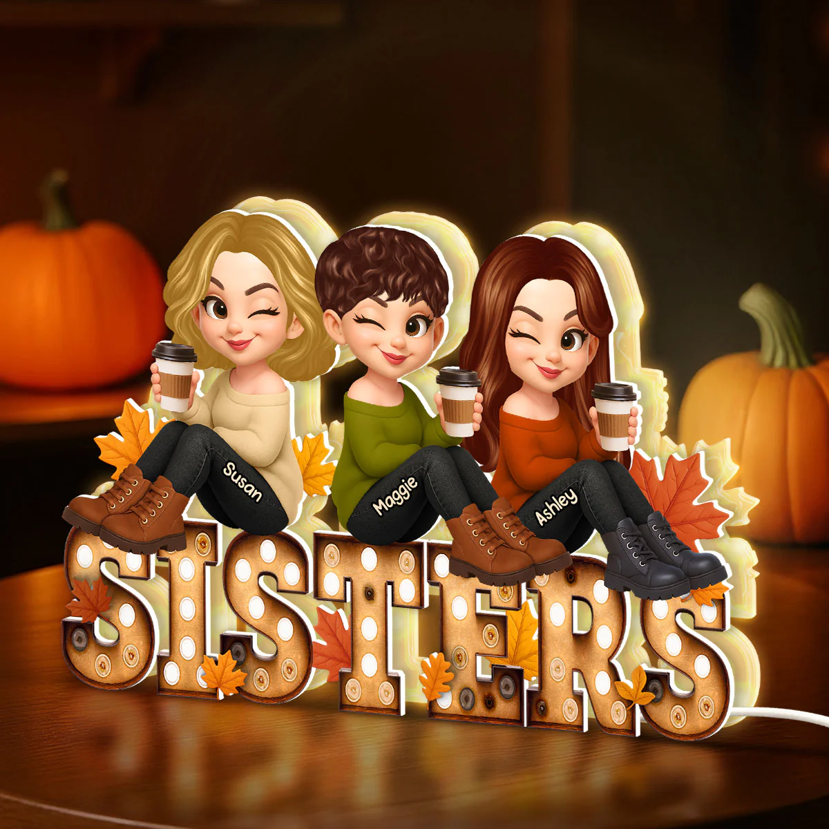 Fall Besties Sitting On Text Marquee Effect Personalized Light Box, Meaningful Gift For Best Friends - Image 6