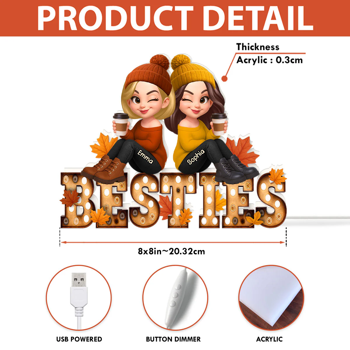 Fall Besties Sitting On Text Marquee Effect Personalized Light Box, Meaningful Gift For Best Friends - Image 9