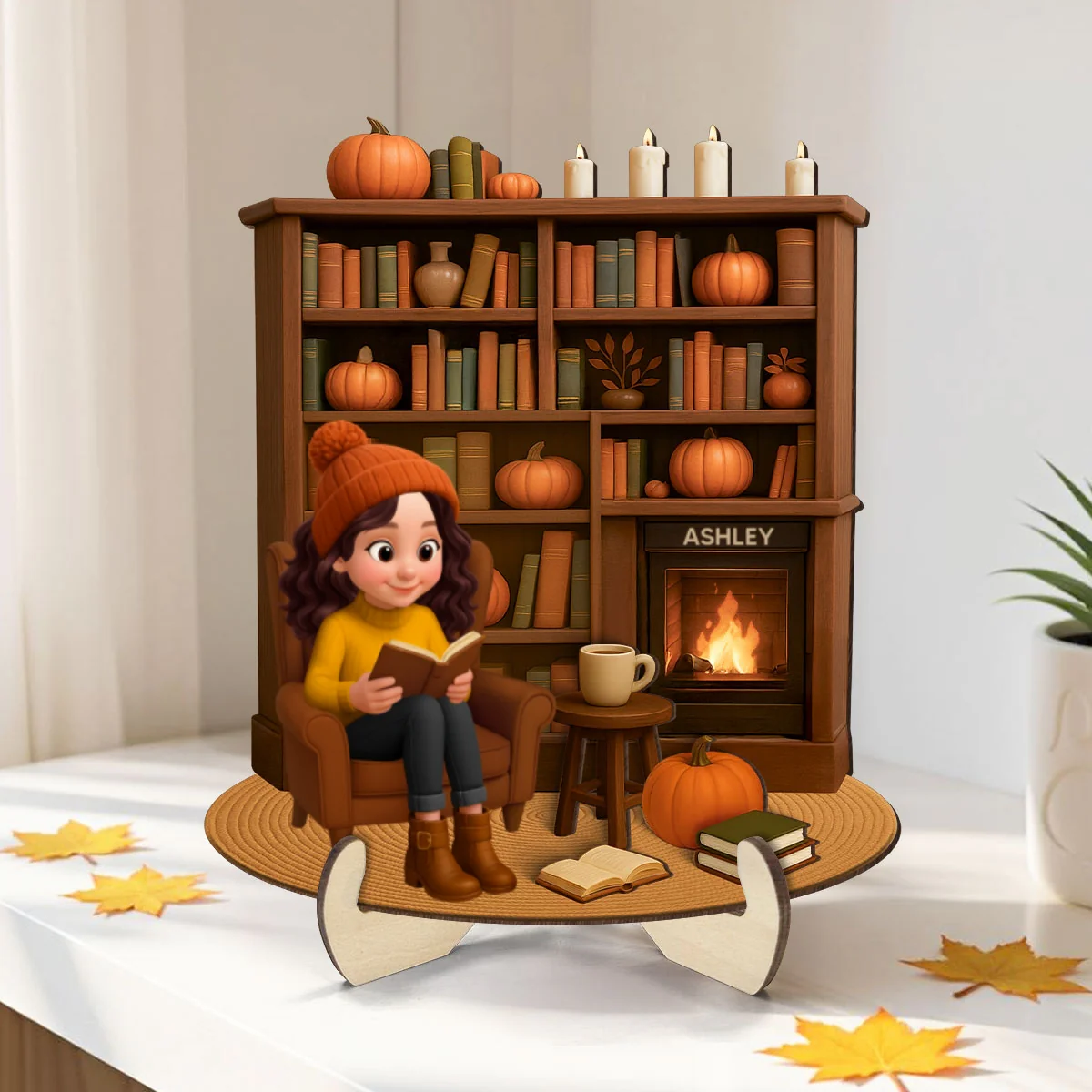 Fall Girl Reading Book Cozy Bookself Personalized 2-Layer Wooden Plaque - Image 11
