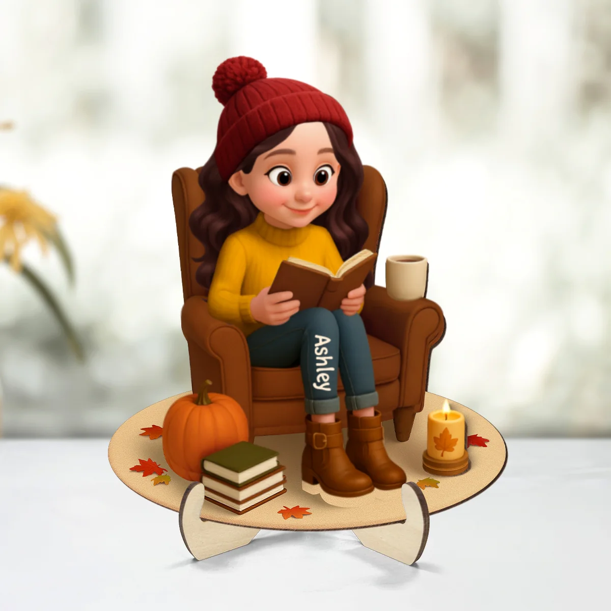 Fall Girl Reading Book On Armchair Personalized 2-Layer Wooden Plaque - Image 8