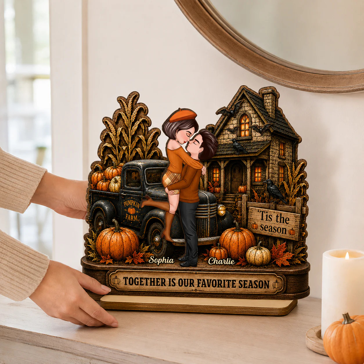 Fall in Love with You Couple Fall Season - Personalized 2-Layered Wooden Plaque - Haunted House Halloween Decor - Image 6