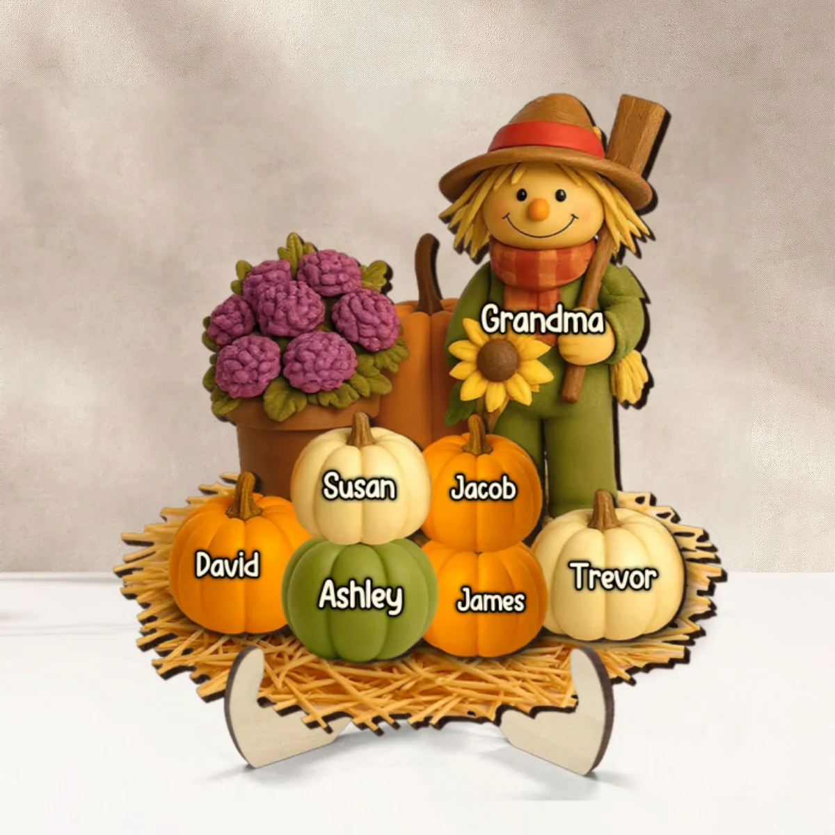 Fall Scarecrow Grandma with Pumpkins Grandkids Names 3D Effect Personalized 2-Layer Wooden Plaque - Image 10