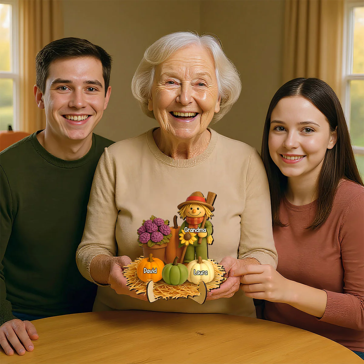 Fall Scarecrow Grandma with Pumpkins Grandkids Names 3D Effect Personalized 2-Layer Wooden Plaque - Image 2