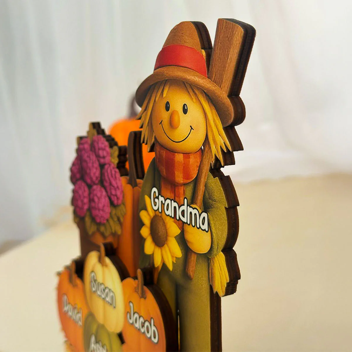 Fall Scarecrow Grandma with Pumpkins Grandkids Names 3D Effect Personalized 2-Layer Wooden Plaque - Image 3
