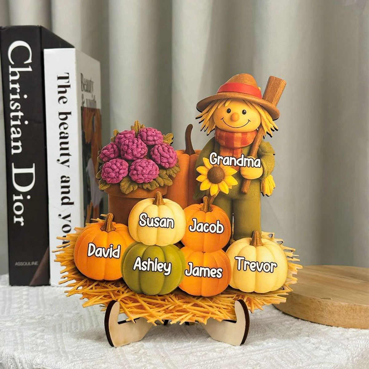 Fall Scarecrow Grandma with Pumpkins Grandkids Names 3D Effect Personalized 2-Layer Wooden Plaque - Image 4