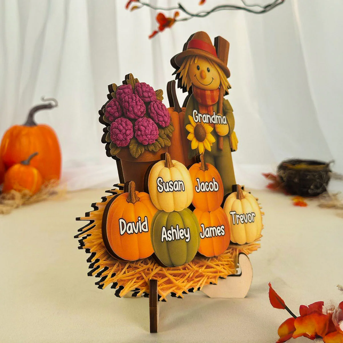 Fall Scarecrow Grandma with Pumpkins Grandkids Names 3D Effect Personalized 2-Layer Wooden Plaque - Image 5