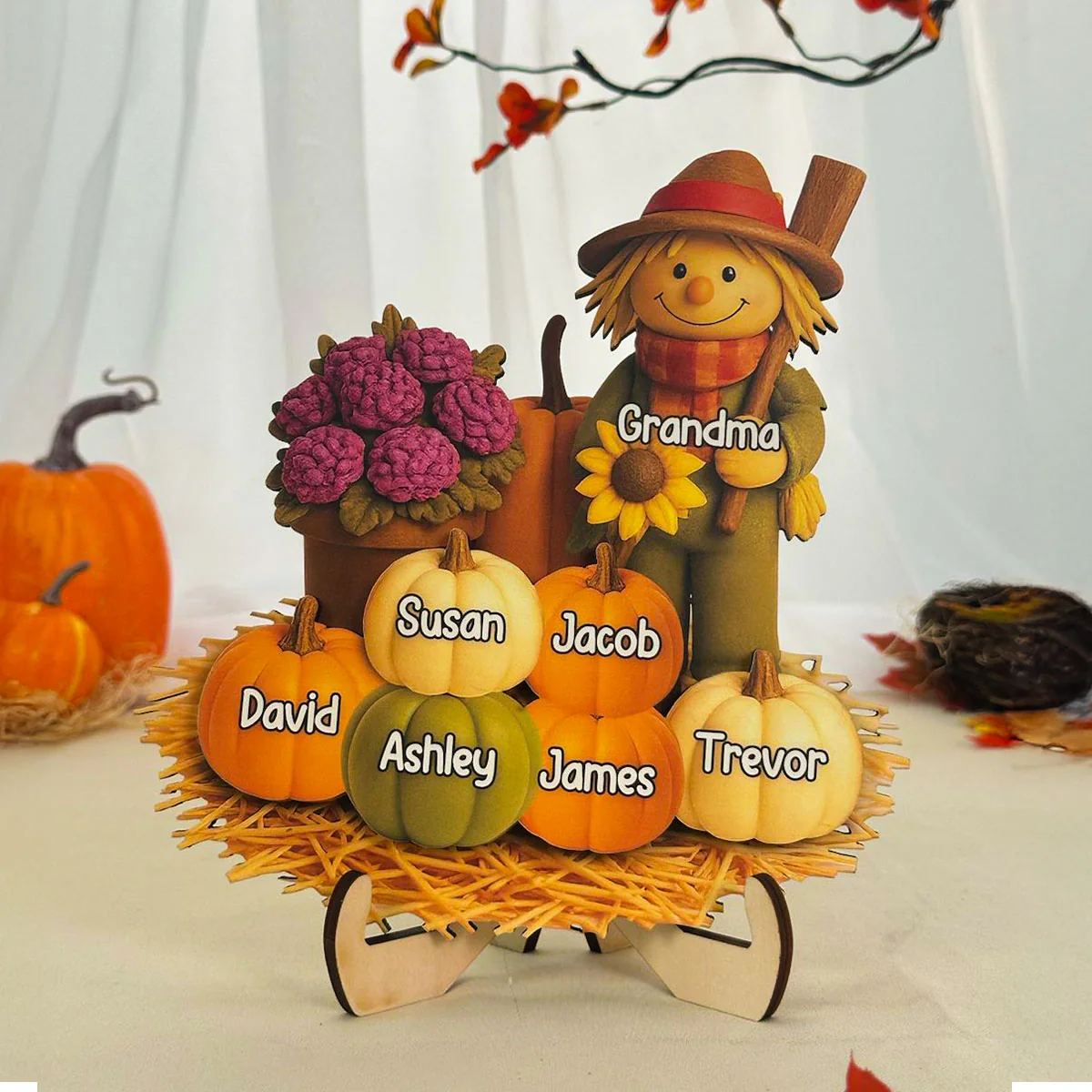Fall Scarecrow Grandma with Pumpkins Grandkids Names 3D Effect Personalized 2-Layer Wooden Plaque - Image 6