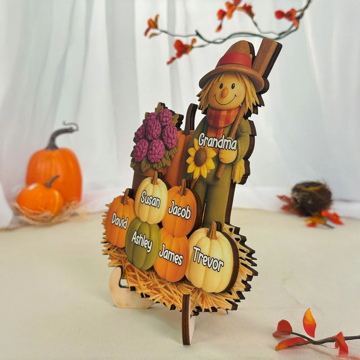 Fall Scarecrow Grandma with Pumpkins Grandkids Names 3D Effect Personalized 2-Layer Wooden Plaque - Image 7