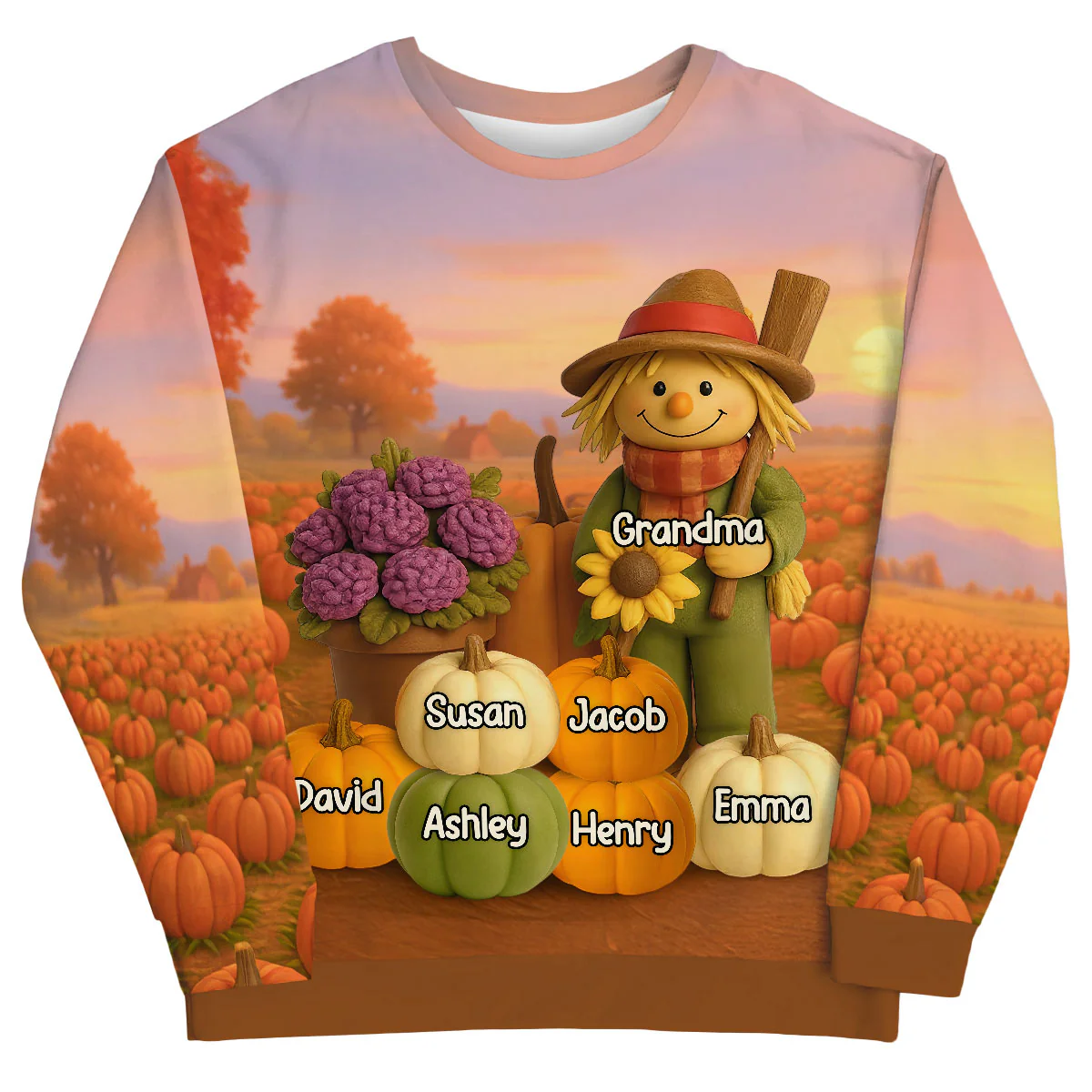 Fall Scarecrow Grandma with Pumpkins Grandkids Names 3D Effect Personalized Sweatshirt - Image 6