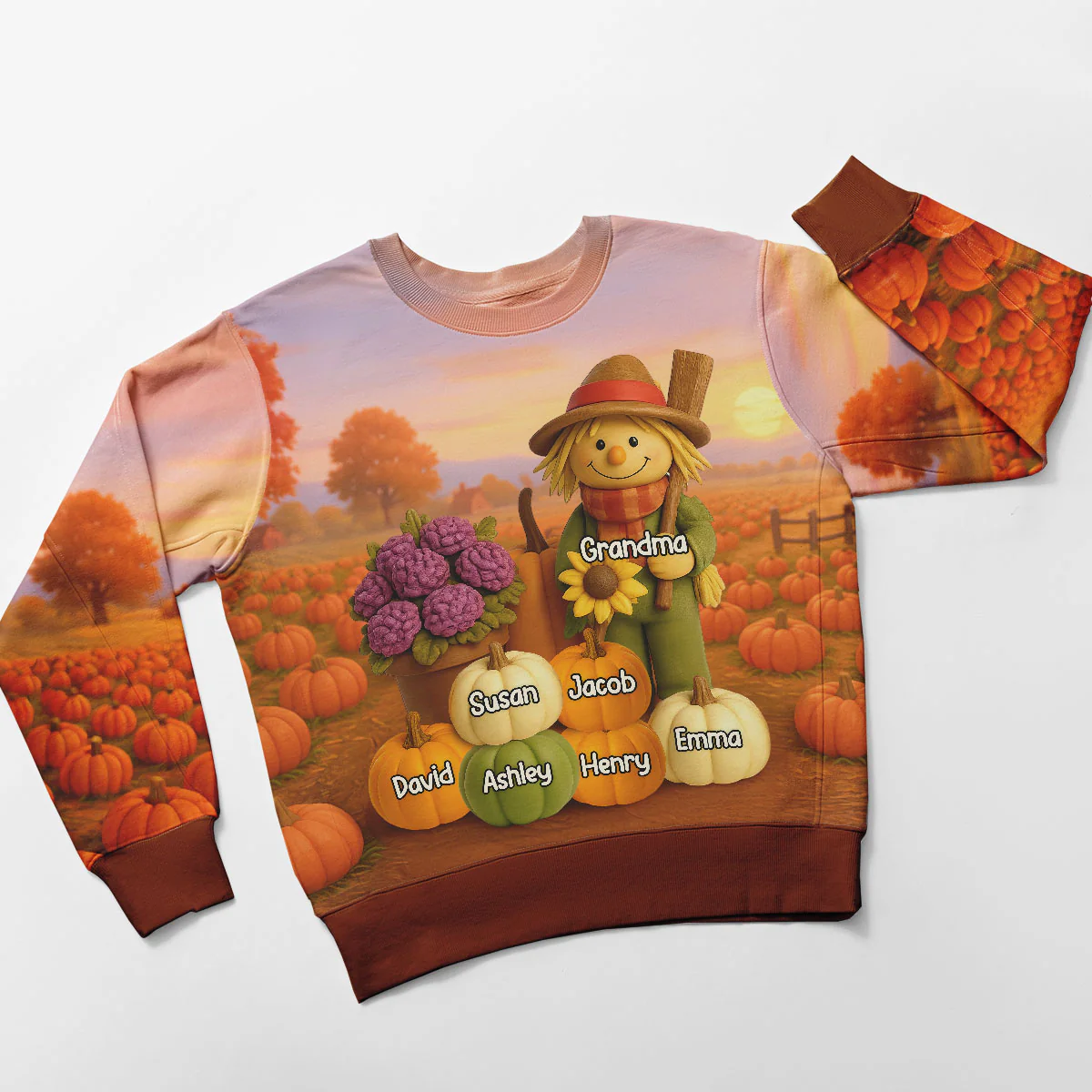 Fall Scarecrow Grandma with Pumpkins Grandkids Names 3D Effect Personalized Sweatshirt - Image 8