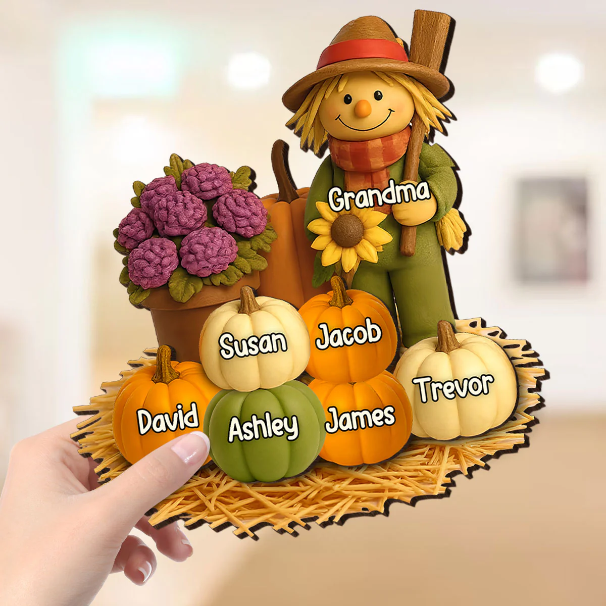 Fall Scarecrow Grandma with Pumpkins Grandkids Names 3D Effect - Personalized 2-Layered Wooden Plaque - Image 3